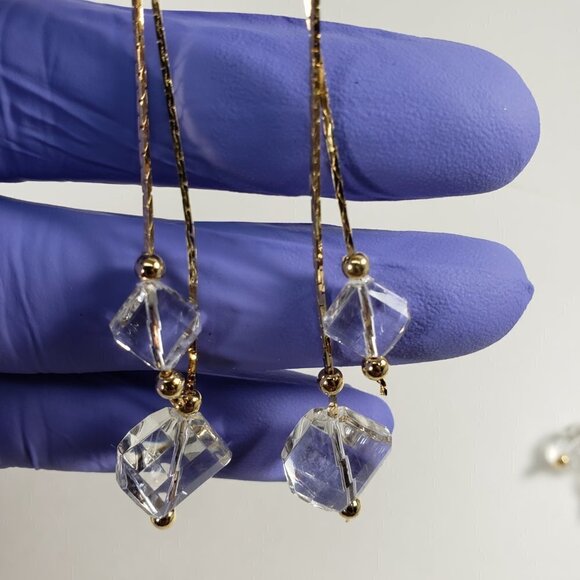 Clear Acrylic Beads Drop Earrings w/ Gold-tone Fringe Chain Dangle Chic Jewelry - Picture 8 of 8